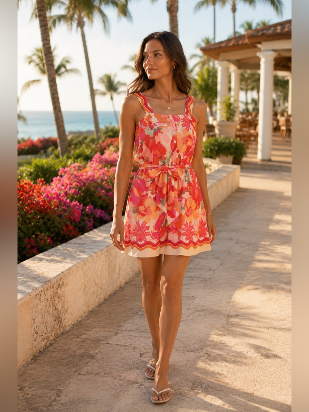 Calypso St. Barth Tropical Pink and Orange Floral Tie Waist Sundress Size Small